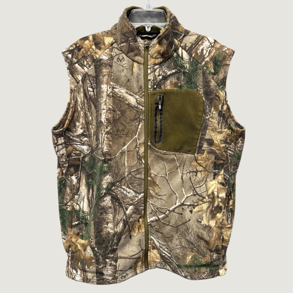 Cabelas Mens Realtree Xtra Camo Fleece Vest Full Zip Large L Green Brown